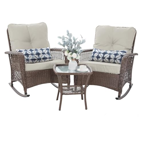 Patio Furniture Set 3 Pieces, Wicker Rocking Bistro Set with Thick Cushions, Outdoor Rocker Chairs and Coffee Table for Porch