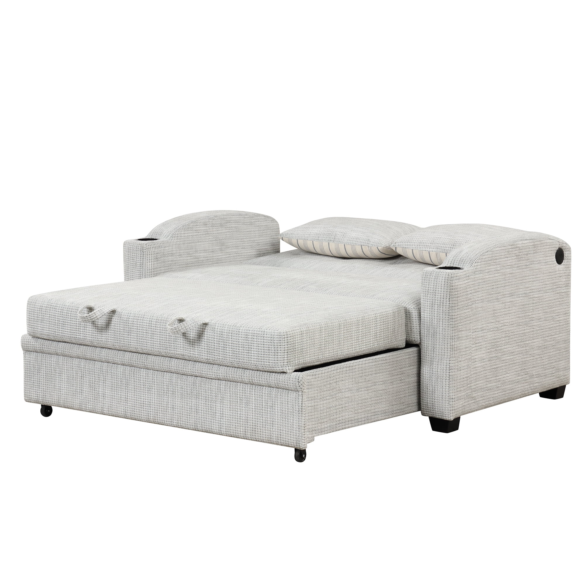 65" Pull Out Sofa Bed Modern Chenille Convertible Loveseat Sofa with Adjsutable Backrest, 2 Pillows, Cup Holders, USB Ports for Living Room