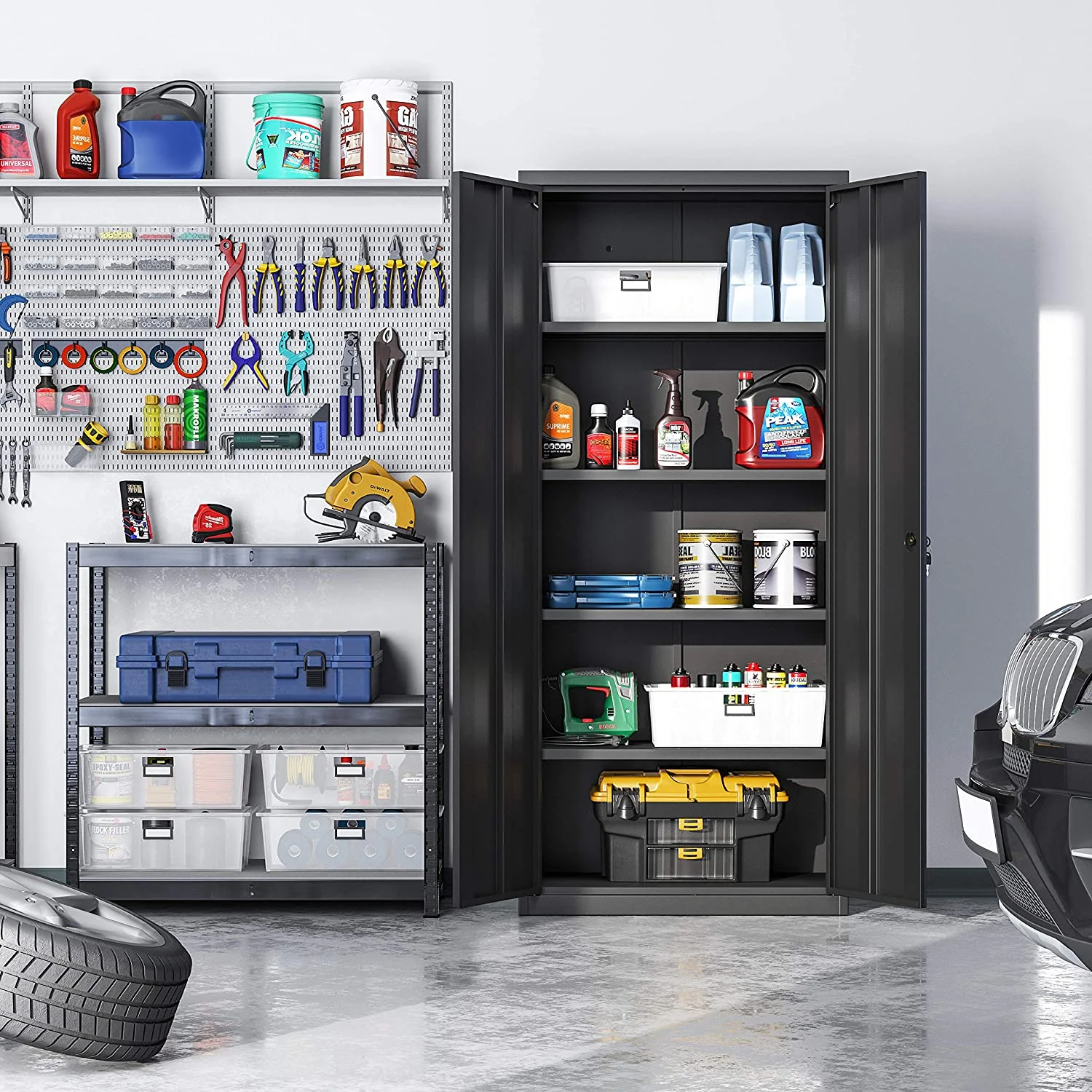 SONGMICS Garage Cabinet Metal Storage Cabinet with Doors and Shelves Office Cabinet for Home Office Garage Black