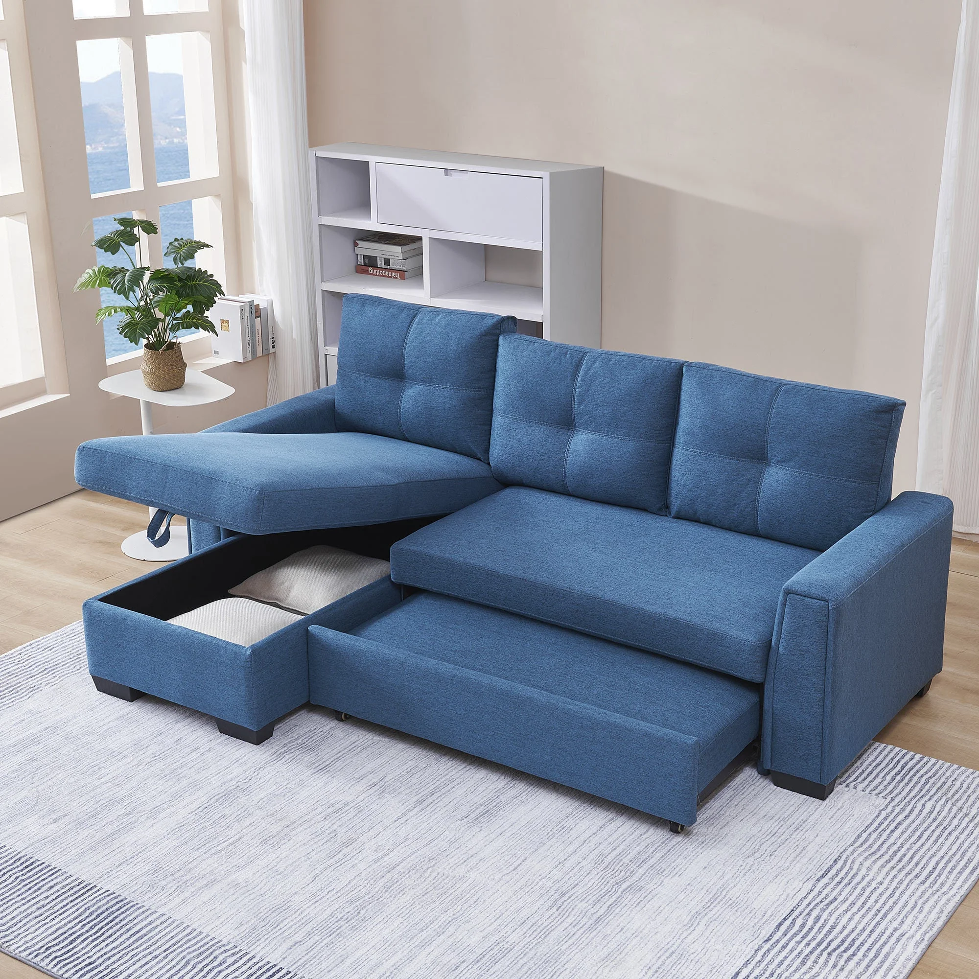 Panora  L-Shape Pull-Out Sleeper Sectional Sofa  - Blue
