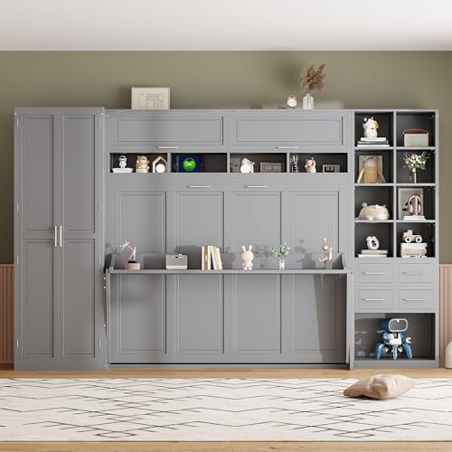 SOFTSEA Queen Size Murphy Bed with Desk, Horizontal Murphy Bed with Storage Wardrobe Drawers and Shelves, Hidden Wall Bedframe for Guest Room