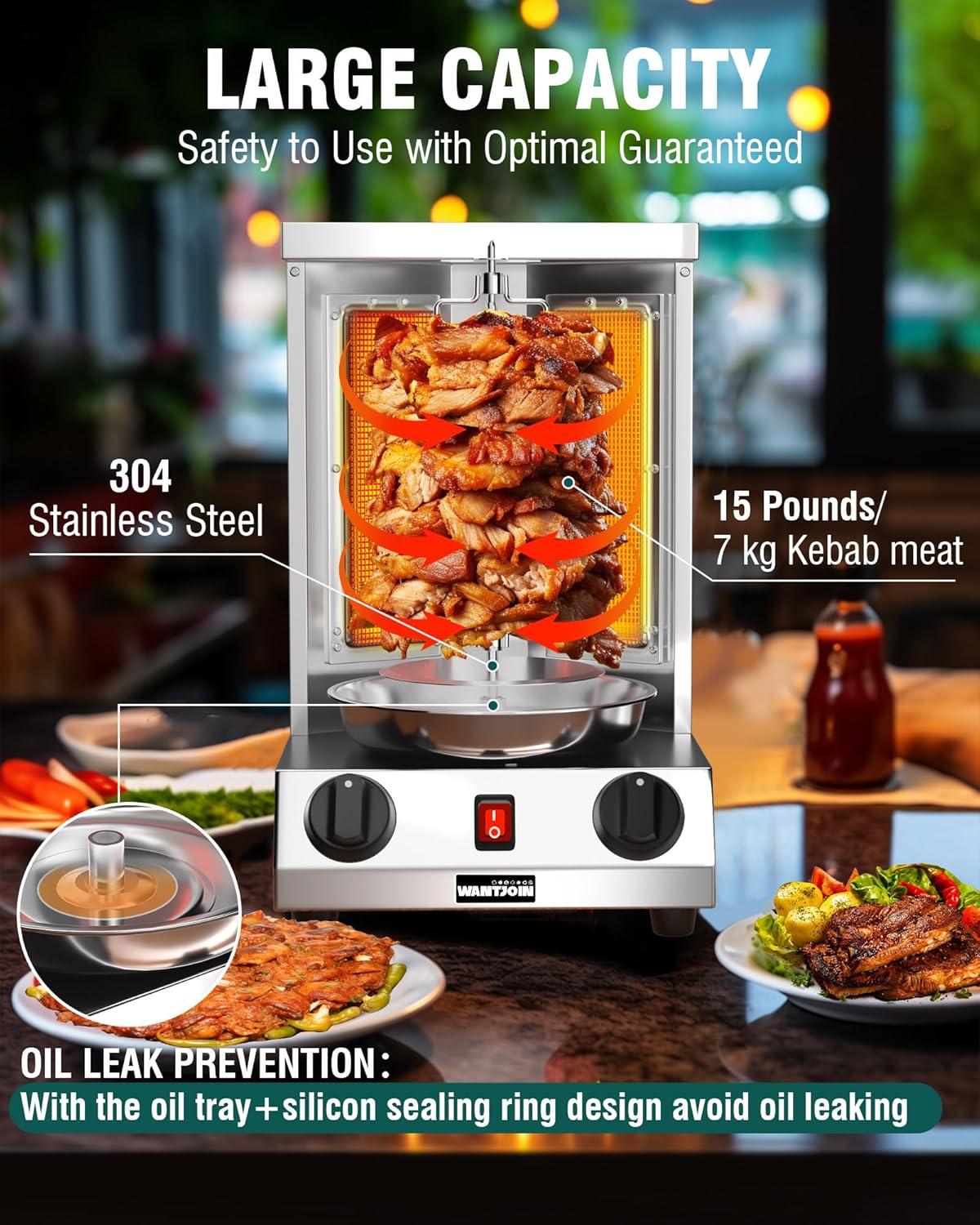 WantJoin Shawarma Grill Machine, Gas Vertical Rotisserie with 2 Burners for Home, Countertop Rotating Doner Kebab Oven Broiler Gyro Maker with Shovel