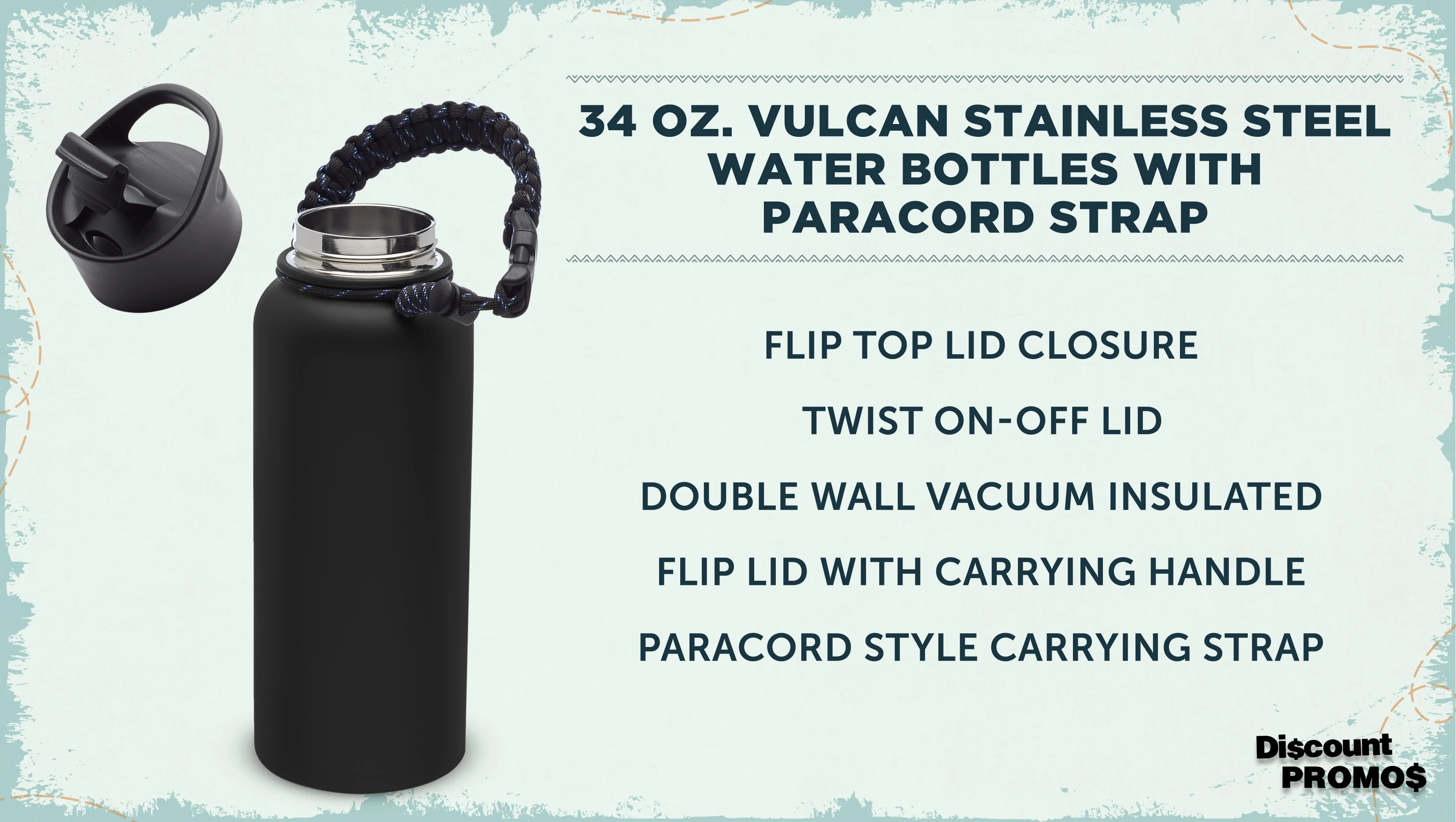6 Vulcan Stainless Steel Water Bottles with Strap Set, 34 oz. - Double Wall, Vacuum Insulated - Black
