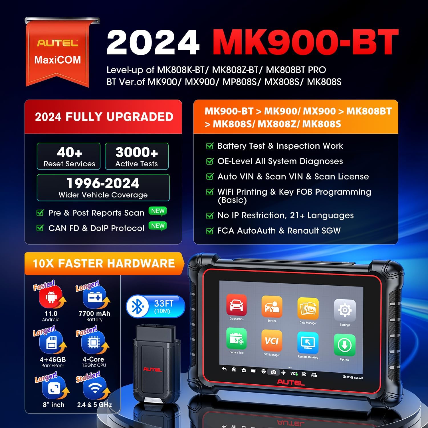 Autel Scanner MaxiCOM MK900-BT, 2024 OS 11 MK900BT Fully Functional Bidirectional Scan Tool, Up of MK900 MX900 MK808BT PRO MK808S MX808S MK808Z