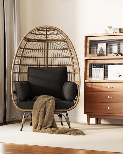 Oversized Wicker Egg Chair Outdoor, Patio Lounge Chair with Ultra Luxury Cushions & Steel Frame, 350LBs Capacity Egg Chair Indoor Outdoor for Balcony
