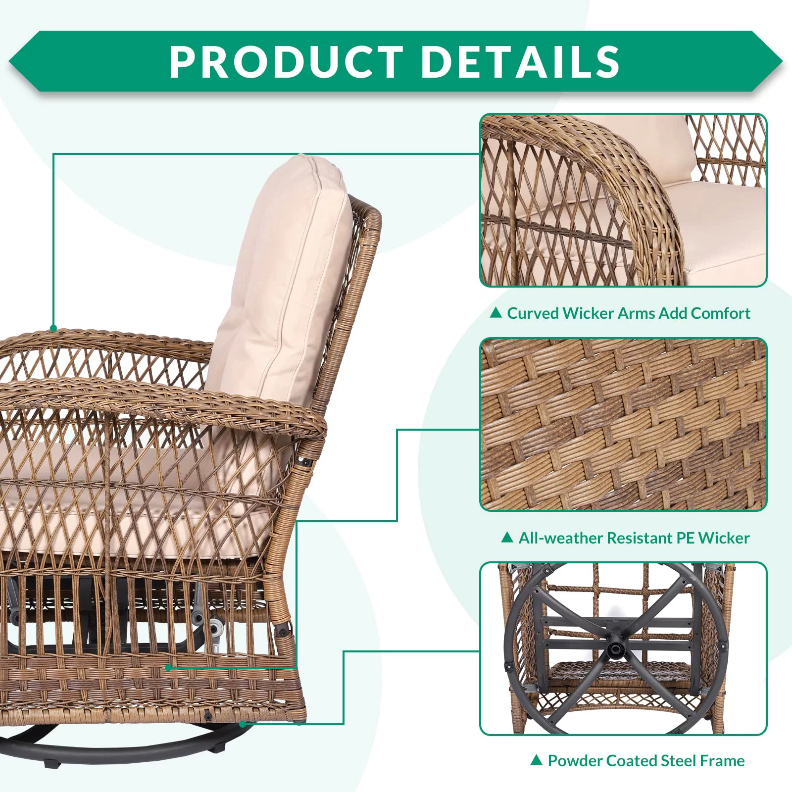 VIVIJASON 3-Piece Outdoor Conversation Bistro Set, Patio Swivel Glider Rocking Chairs Rattan Furniture Sets w/ 2 Rattan Chairs, Cushions