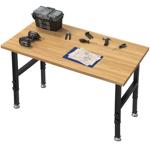 60" Adjustable Workbench, 2000 LBS Load Capacity Heavy Duty Table, Hard Wood Work Bench with Power Outlets, Wheels and Drawer for Garage, Workshop