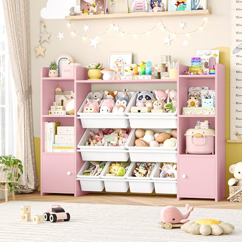 FOTOSOK 55''Large Toy Storage Organizer with 8 Toy Bins, Toy Organizers and Storage with Shelf and 6 Storage Cubbies, Bookshelf for Kids