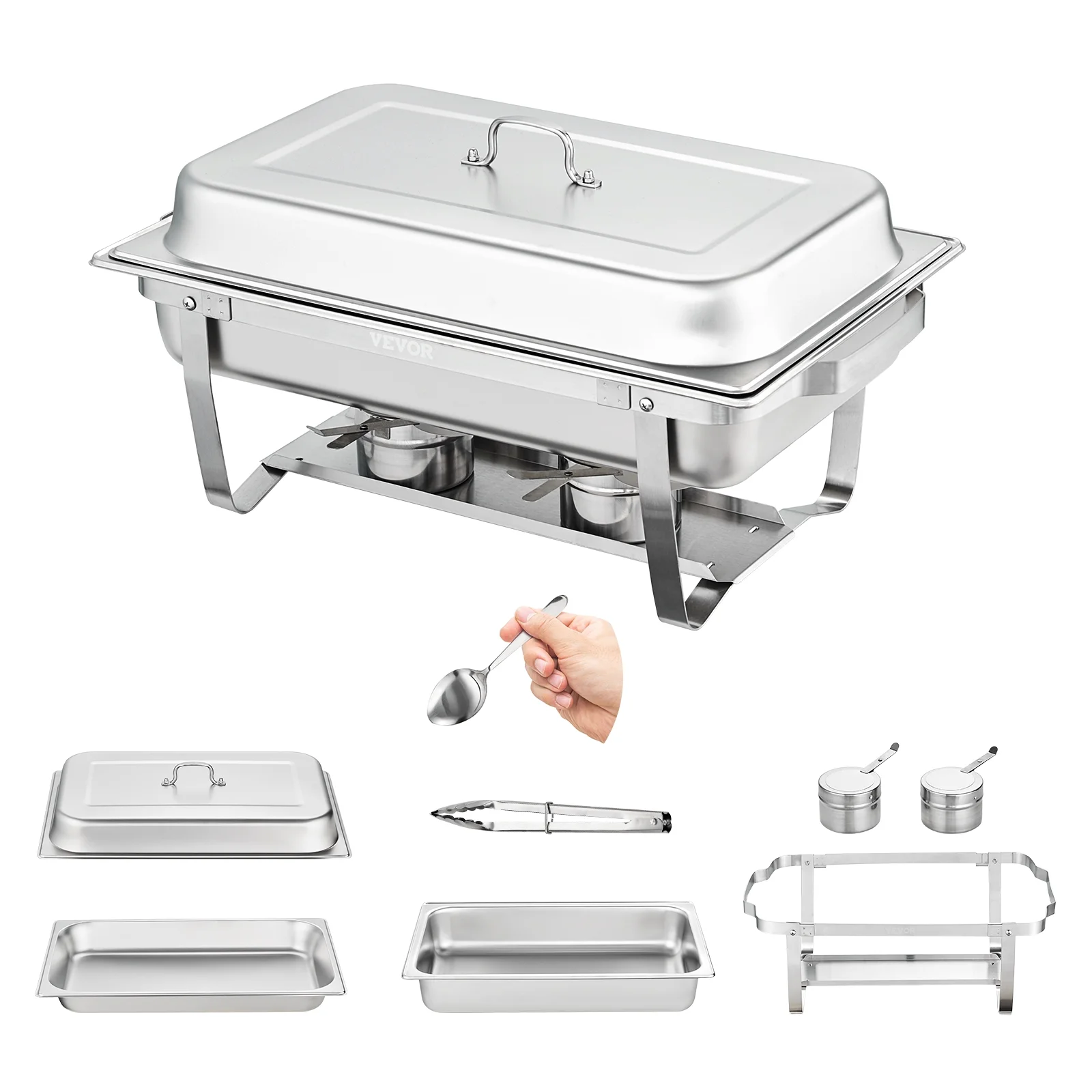 VEVORbrand Chafing Dish 4 Packs 9L/8 Quart Stainless Steel Chafer Full Size Rectangular Chafers for Catering Buffet Warmer Set with Folding Frame