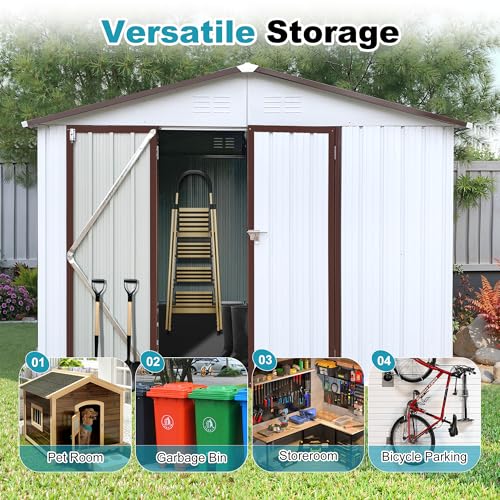 8x6 FT Outdoor Storage Shed, Metal Tool Shed with Lockable Doors, Peaked Roof & Frame Floor