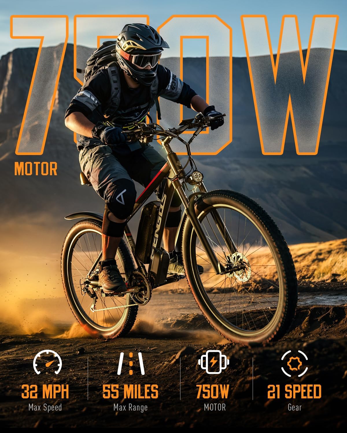 Electric Bike for Adults with 750W Brushless Motor, 48V 15Ah Removable Battery, up to 55Miles, Max 32 MPH, 21 Speed Gear Electric Mountain Bike