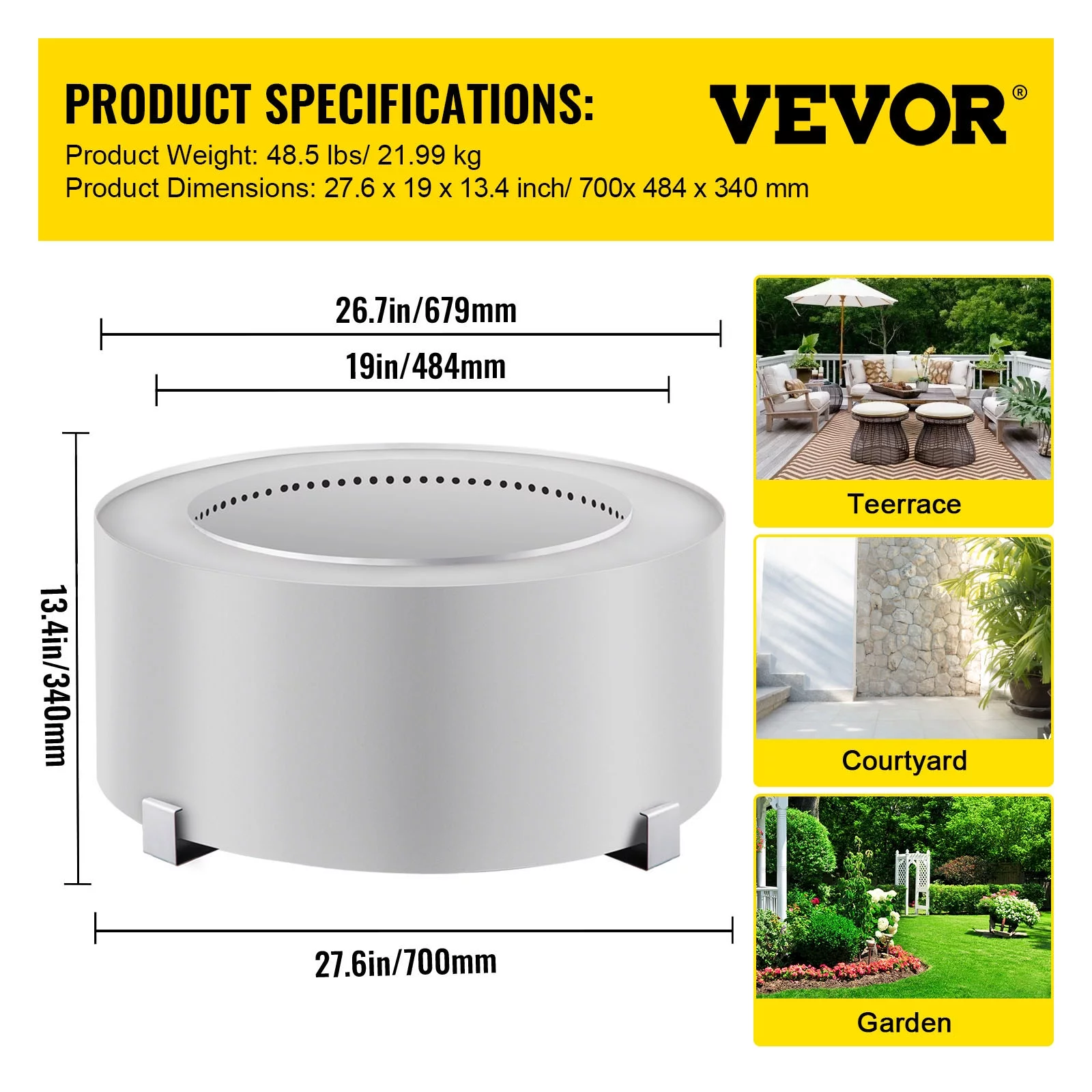 VEVOR Smokeless Fire Pit, Stainless Steel Stove Bonfire, 27.6 inch Diameter Wood Burning Fire Pit