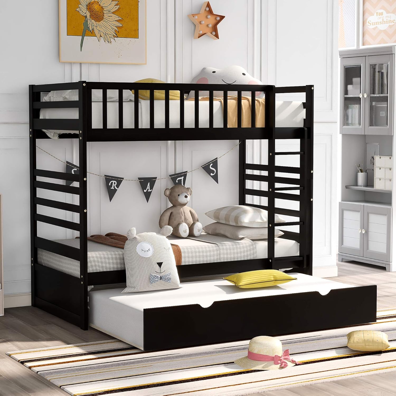 Twin Over Twin Bunk Bed with Trundle, Pine Wood Bunk Beds Twin Over Twin with Guardrail & Ladder, Can be Separated into 3 Twin Bed Frame