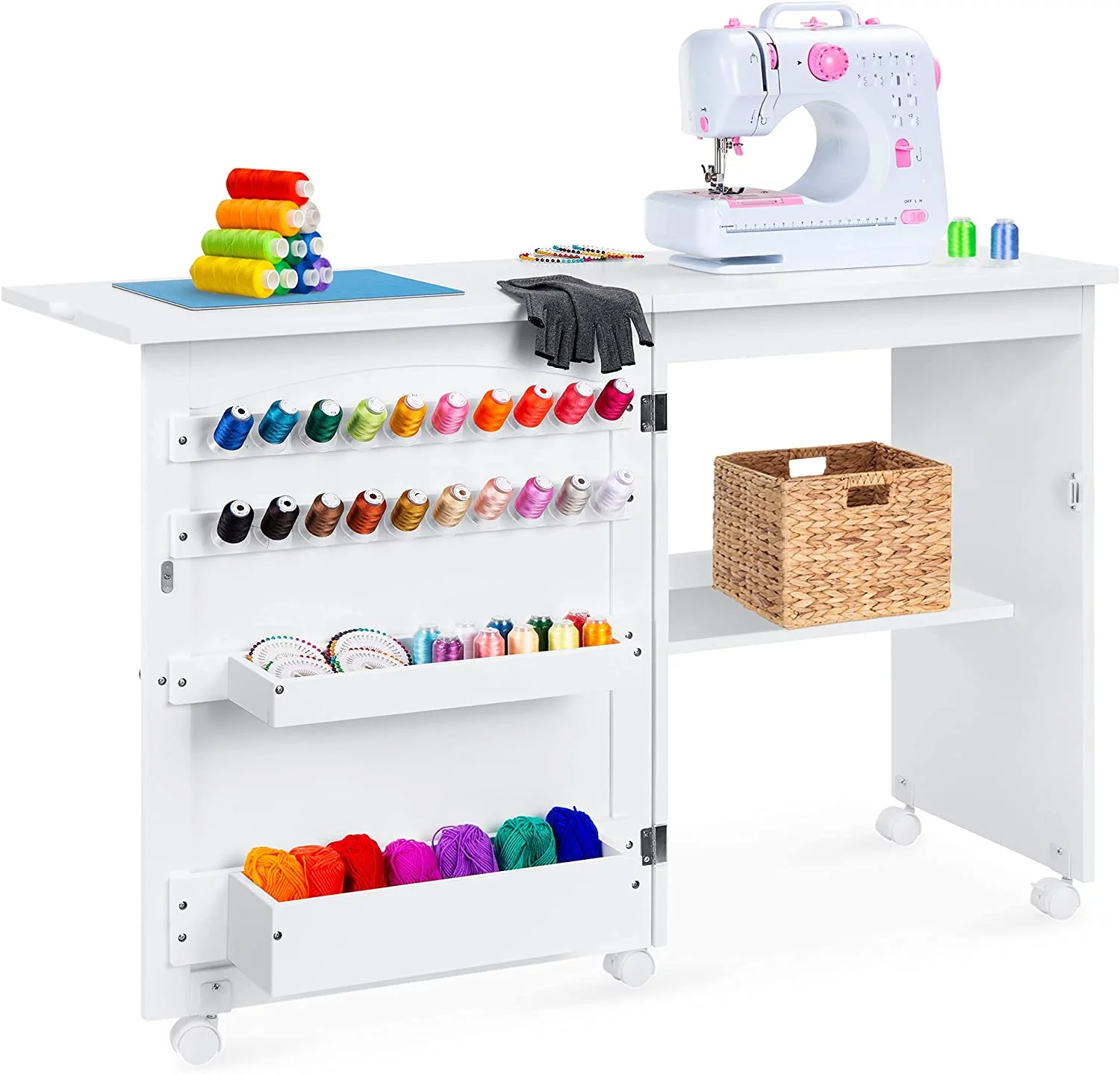 Folding Sewing Table Multipurpose Craft Station & Side Desk with Compact Design, Wheels, Shelves, Bins, Pegs, Magnetic Doors, Metal Doorknobs