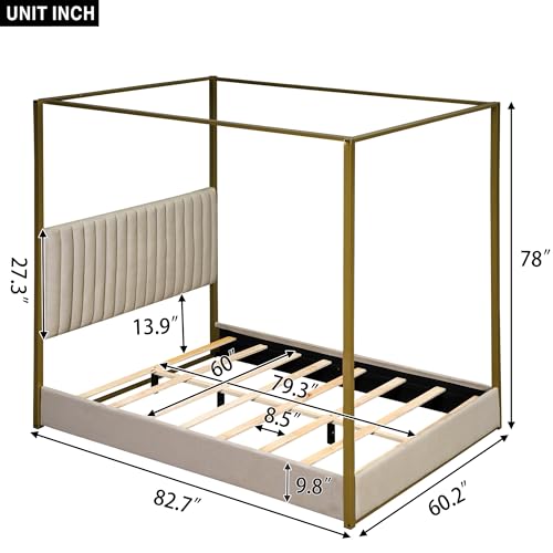SOFTSEA Upholstery Canopy Platform Bed with Headboard and Metal Frame, Queen Size 4-Poster Canopy Floor Bed Frame for Kids Teens Bedroom