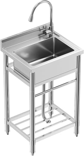 28"x20"x34" Stainless Steel Utility Sink, Freestanding Single Bowl with Hot & Cold Water Faucet