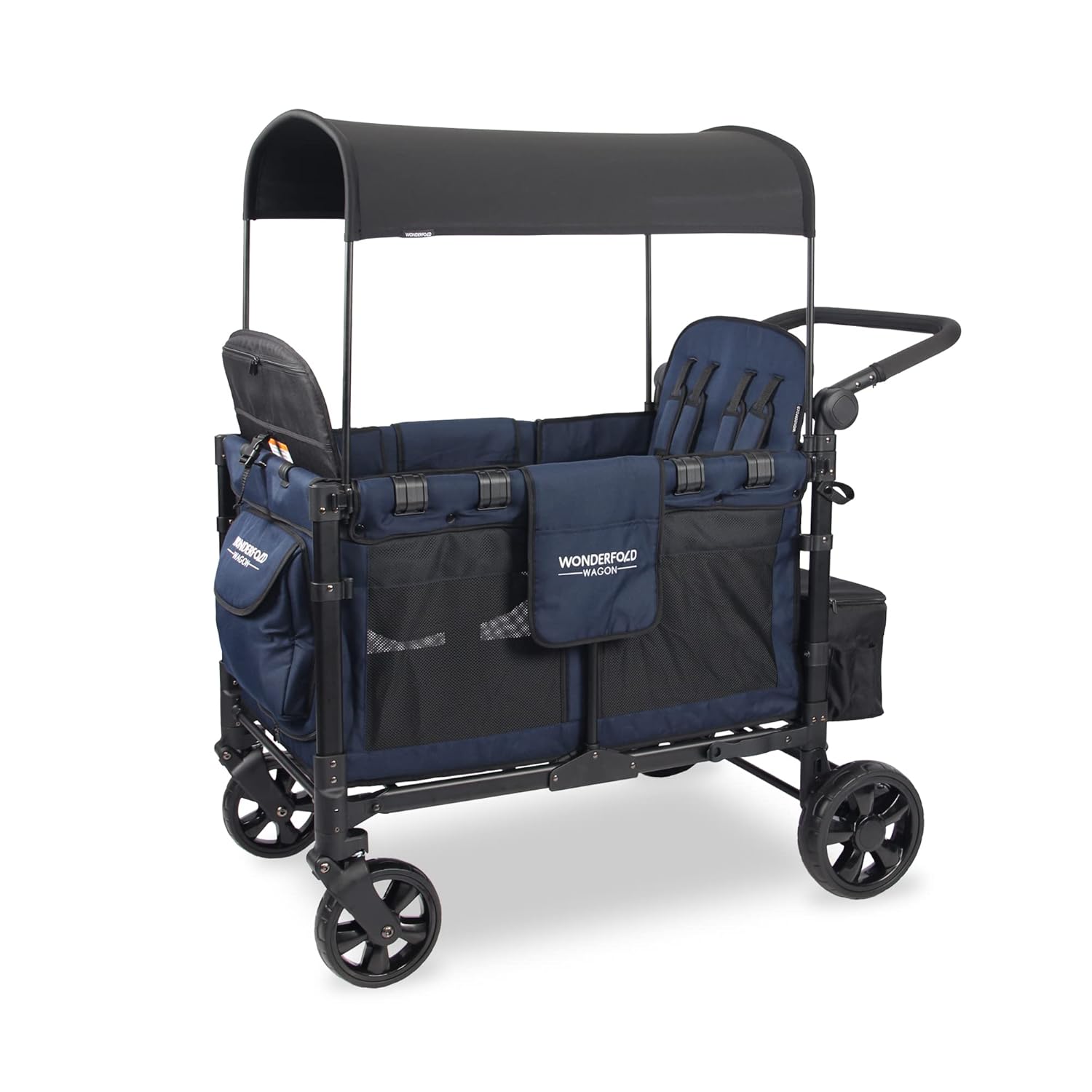 WONDERFOLD W4 4 Seater Multi-Function Quad Stroller Wagon with Removable Raised Seats and Slidable Canopy, Navy