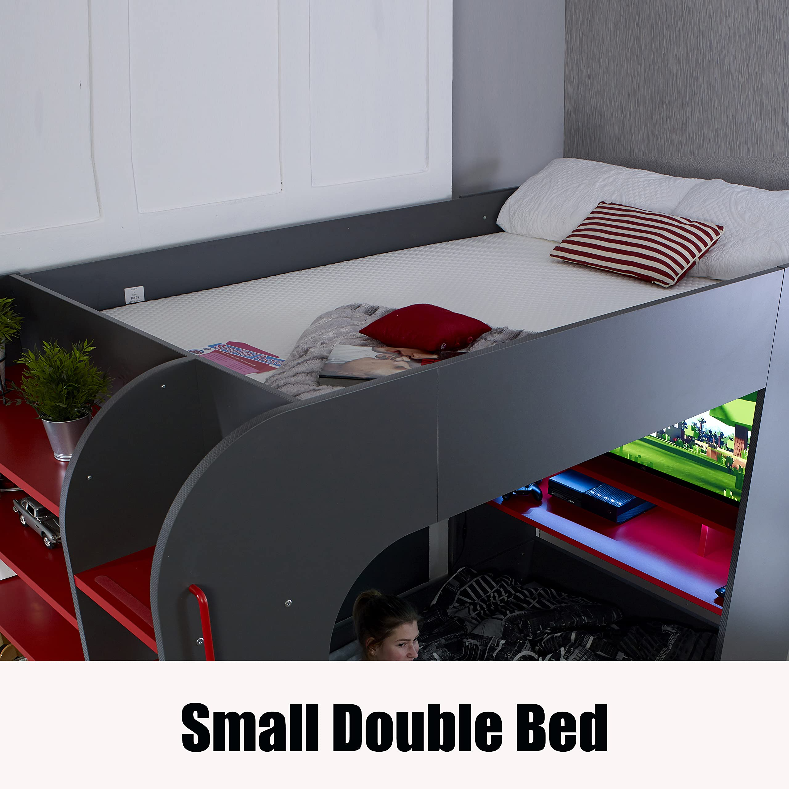 【Furniture】PodBed High Sleeper Gaming Bed with Sofa Bed, Built-In Desk & Open Wardrobe