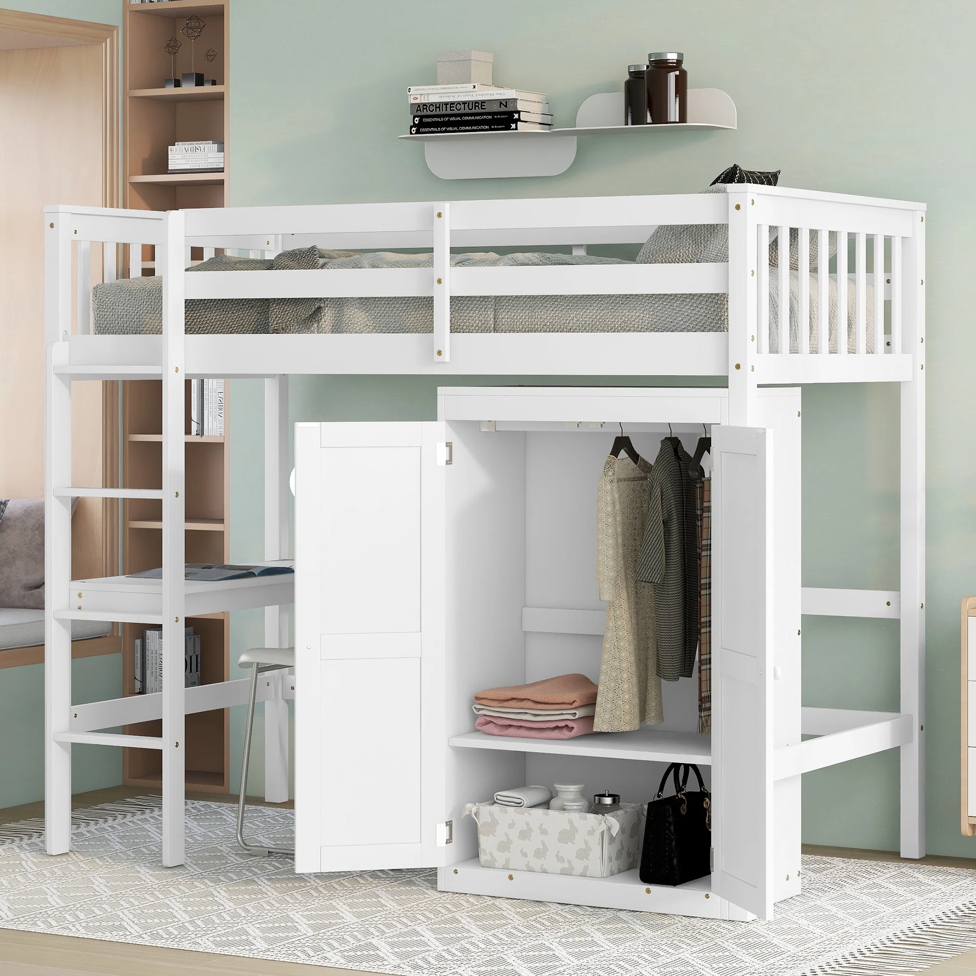 iRerts Loft Bed Frame for Girls Boys, Kids Twin Loft Bed Frame with Desk and Wardrobe, White Space Saving Loft Bed with Full Length Guardrail