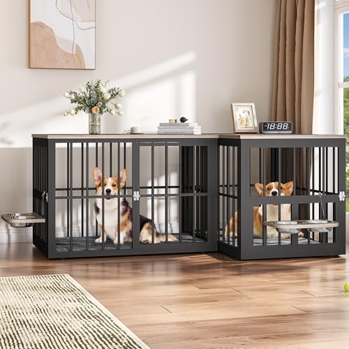 YITAHOME 88.6" Large Corner Dog Crate Furniture for 2 Dogs, Large Wooden Dog Kennel with Dog Bowls & 3 Doors