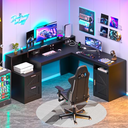 63" Farmhouse L Shaped Executive Desk with Drawers & Storage Shelf, Corner Computer Desk with Power Outlets, L Shaped Office Desk with Monitor Stand