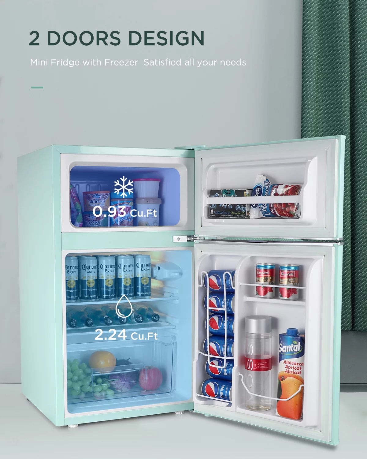 Northair 3.2 Cu ft Compact Mini Refrigerator Separate Freezer, Small Fridge Double 2-Door Adjustable Removable Retro Stainless Steel Shelves,Green