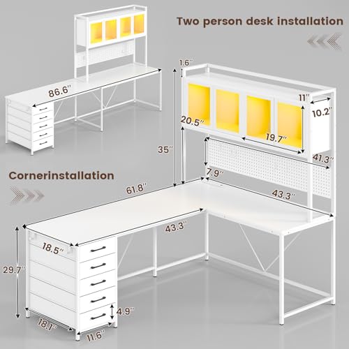 SEDETA L Shaped Gaming Desk with Drawers, L Shaped Computer Desk with Hutch and Storage Shelves, Gaming Desk with Pegboard, Led Lights