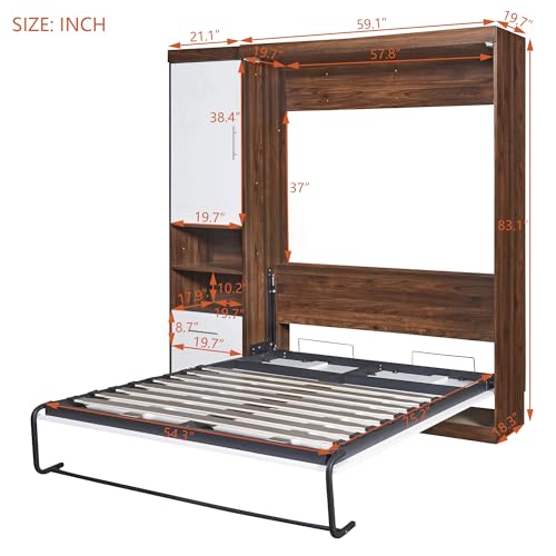 SOFTSEA Full Murphy Bed Wall Beds, Wood White Cabinet Bed 61.5” Foldable Platform Bed with Shelf for Guest Room