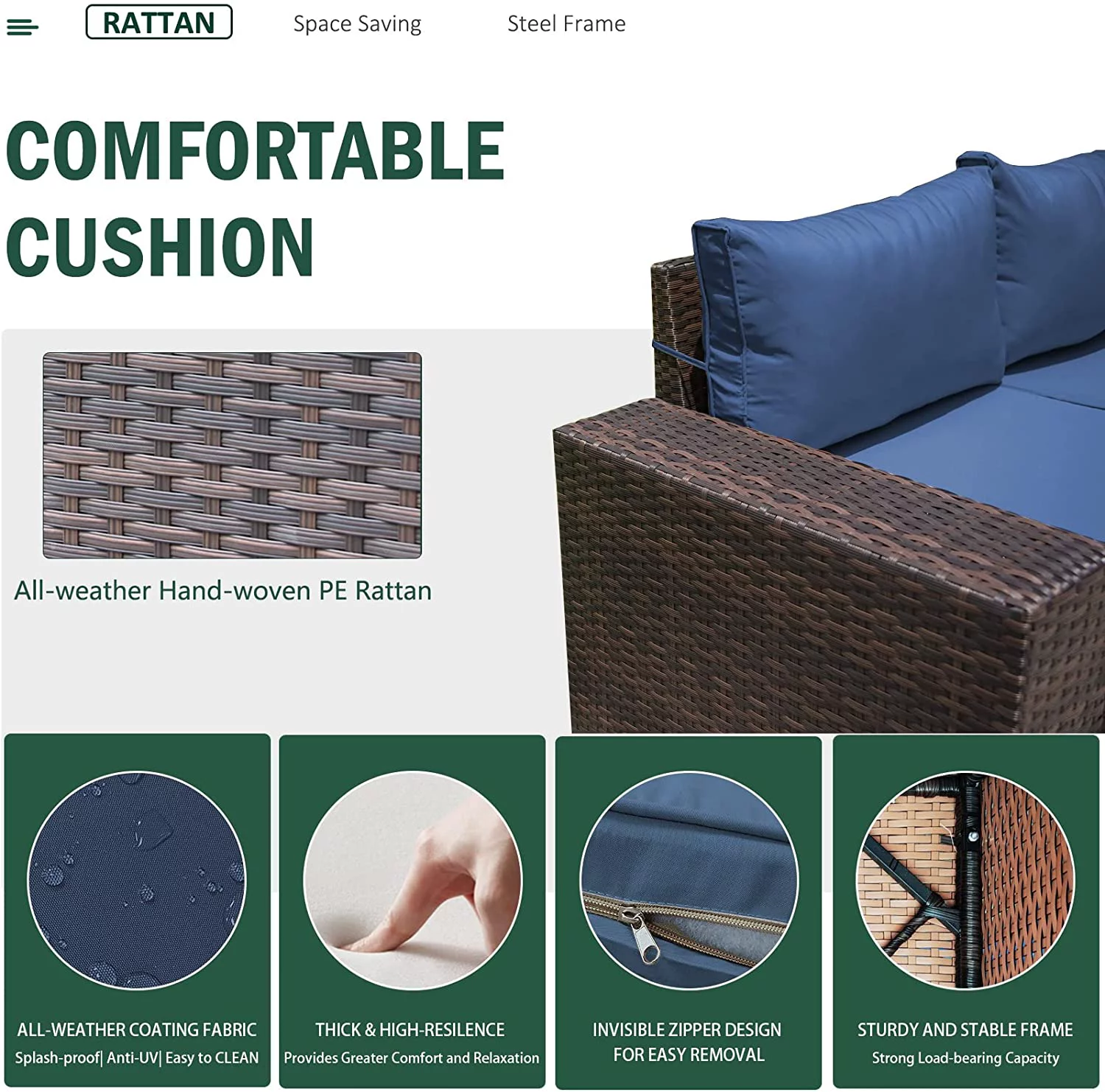 Gotland Outdoor Patio Furniture Set, 6 Pieces Outdoor Furniture All Weather Patio Sectional Sofa PE Wicker Modular Conversation Sets(navy blue)