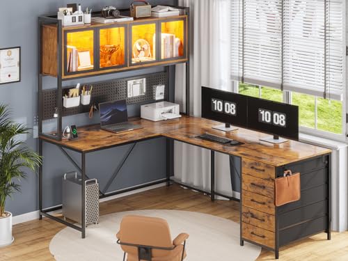 SEDETA L Shaped Gaming Desk with Drawers, L Shaped Computer Desk with Hutch and Storage Shelves, Gaming Desk with Pegboard, Led Lights