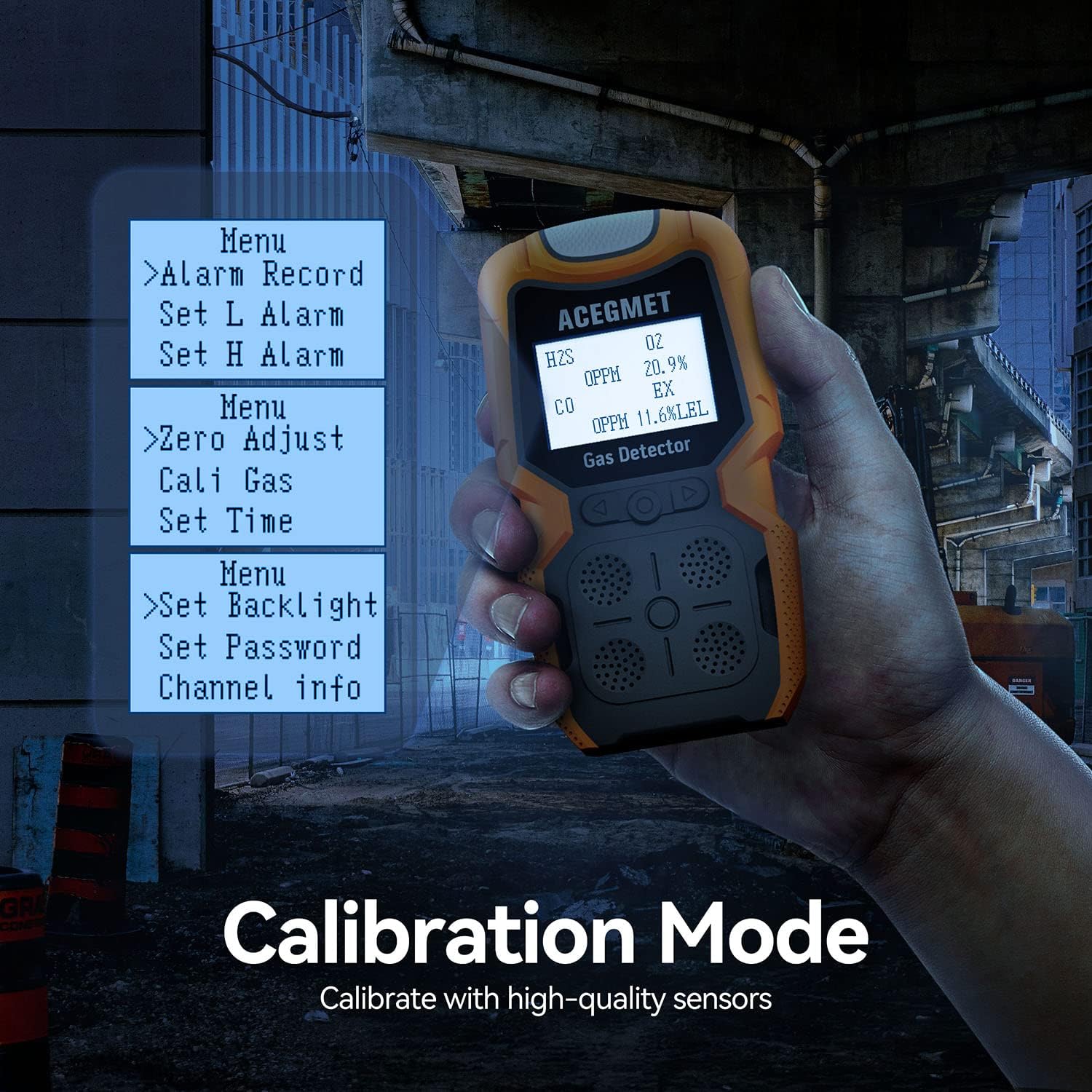 Gas Detector, ACEGMET 4 Gas Monitor Multiple Indicator (Vibration, Audible, Visual) H2S, O2