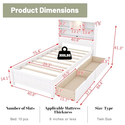 Twin Size Platform Bed with Bookcase Headboard, USB Charging Station and Downlight,Wood Twin Capatain Bed Frames with 2 Storage Drawers