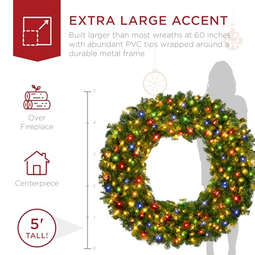 Best Choice Products 60in Large Artificial Pre-Lit Fir Christmas Wreath Holiday Accent Decoration w/ 300 LED Lights, 930 PVC Tips