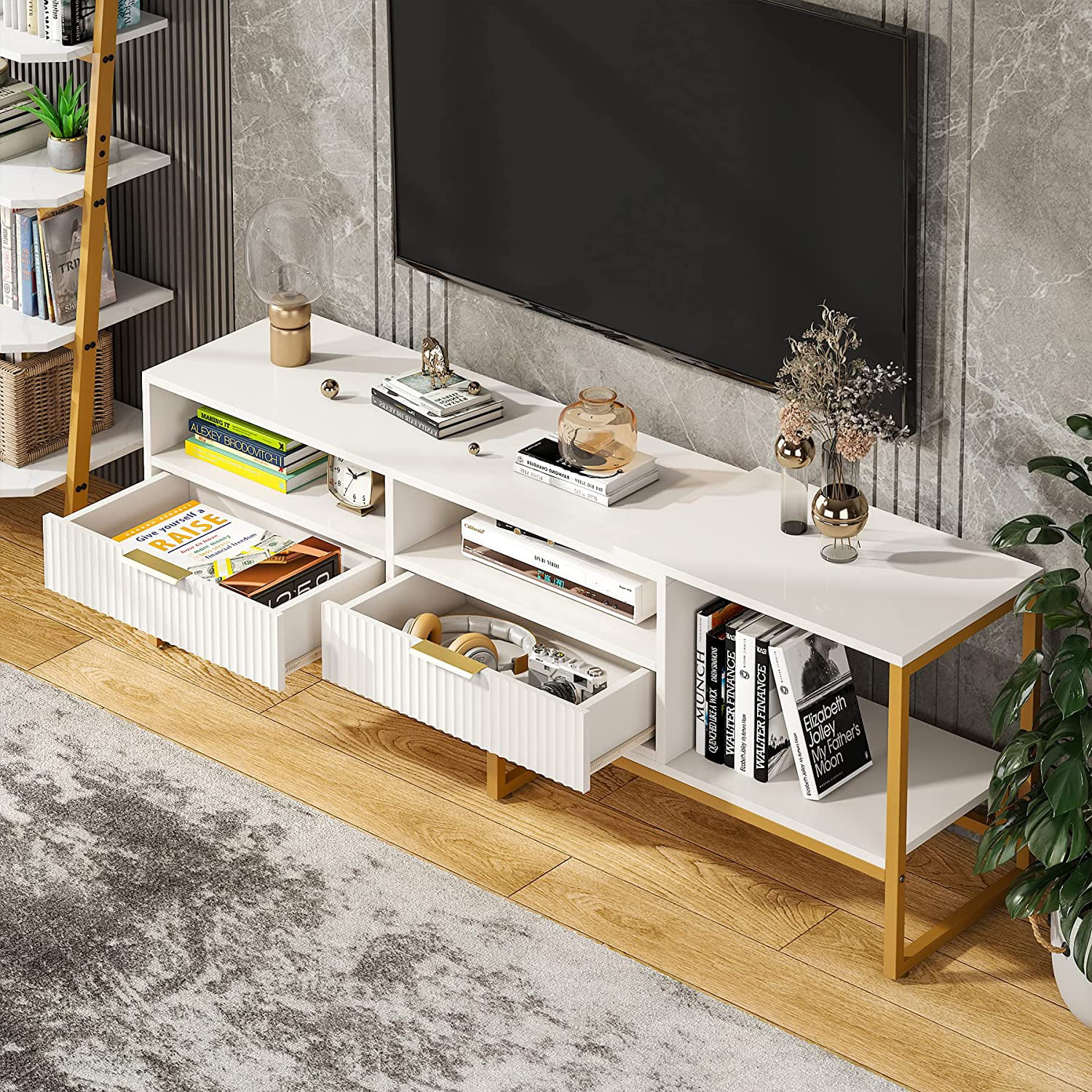 63" Wide TV Stand for TVs up to 65 55 inches, White and Gold Television Stands Entertainment Centers with 2 Drawers and Open Shelves
