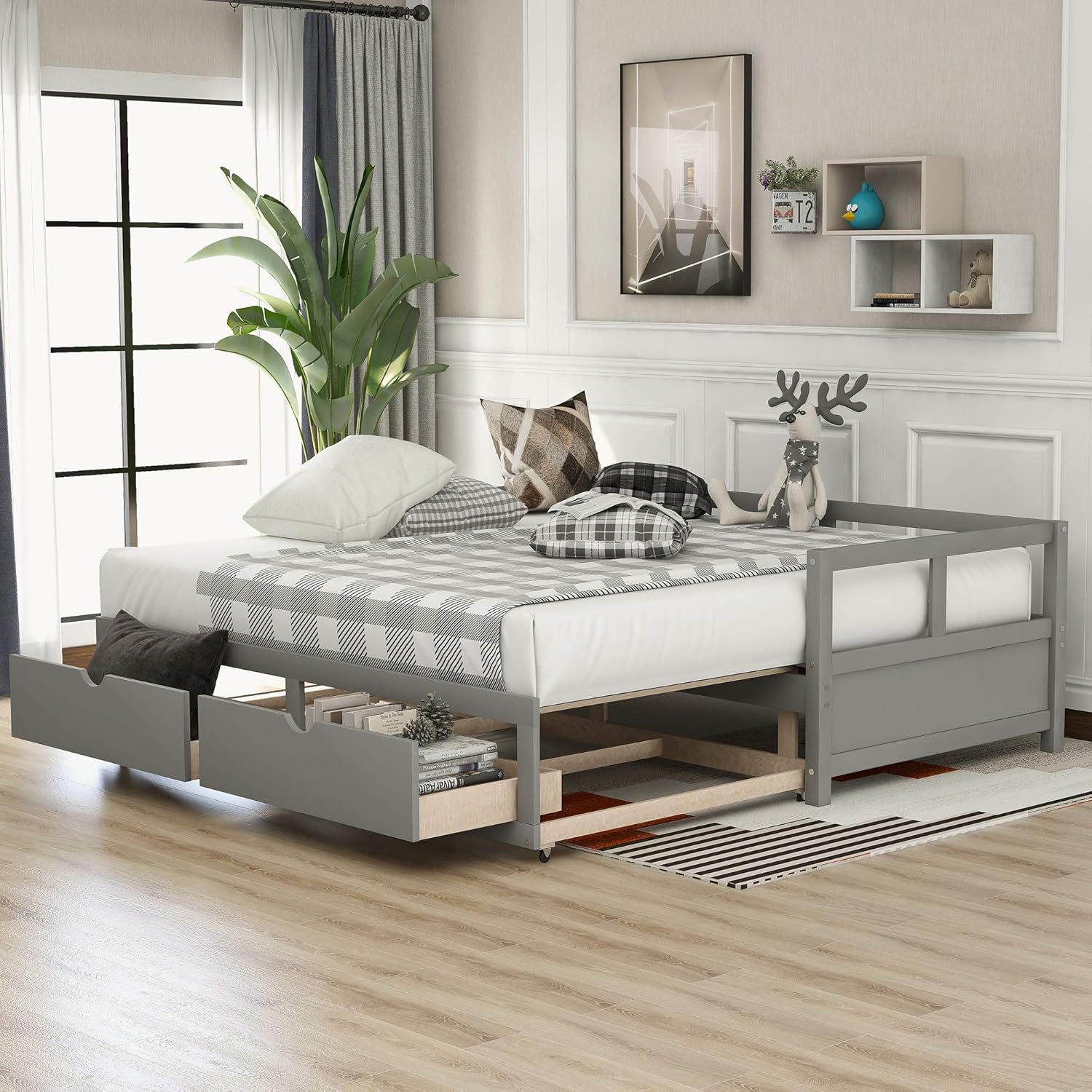 Wooden Daybed with Trundle Bed and Two Storage Drawers, Extending Bed Daybed for Kids Teens Adults