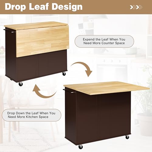 Shintenchi Rolling Kitchen Island Cart with Folding Drop Leaf Breakfast Bar, Portable Trolley Island with Large Storage Cabinet, Shelf and Drawer