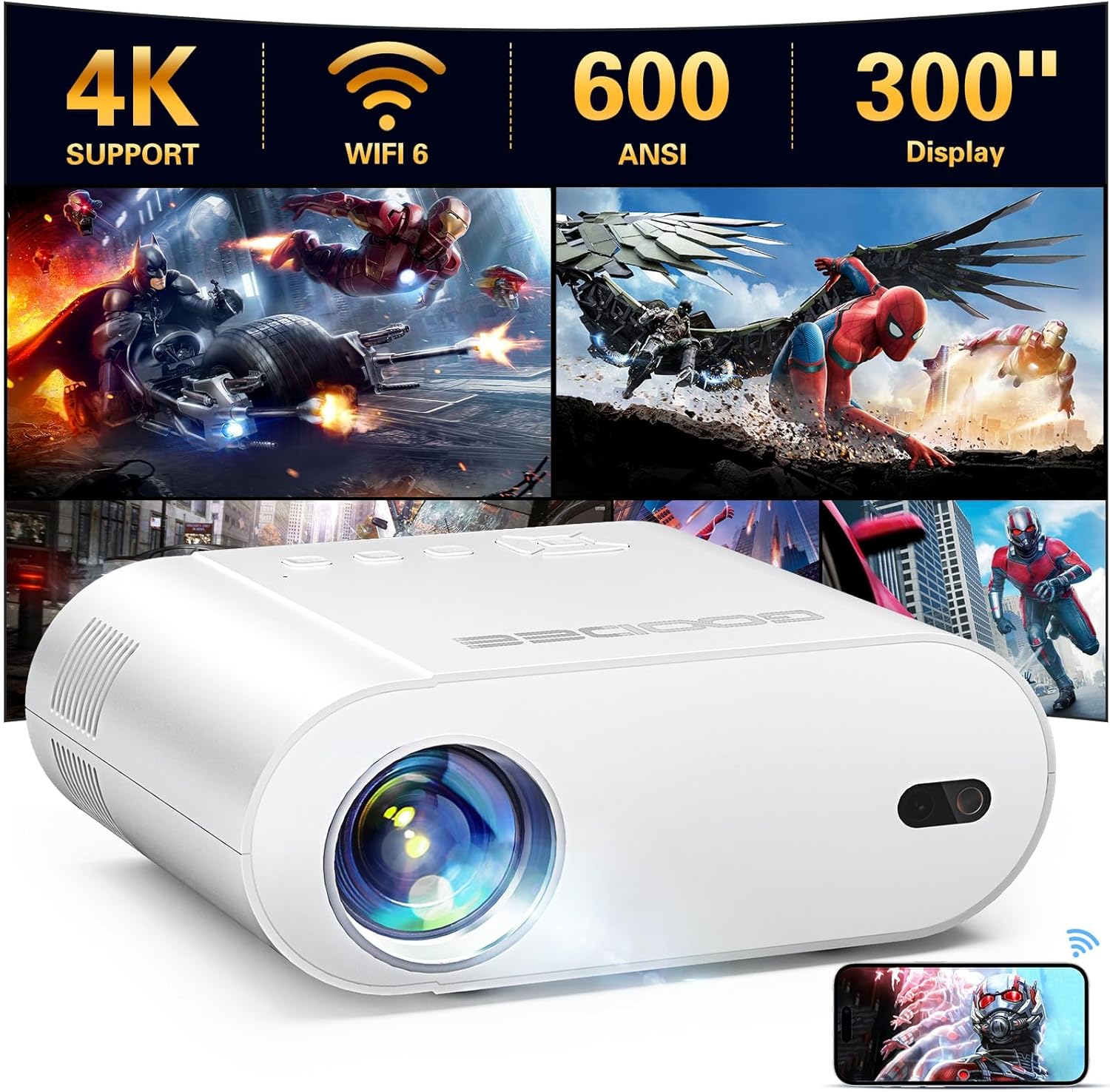 4K Projector, GooDee Projector with WiFi and Bluetooth, Mini Projector with Auto Keystone and Remote Focus