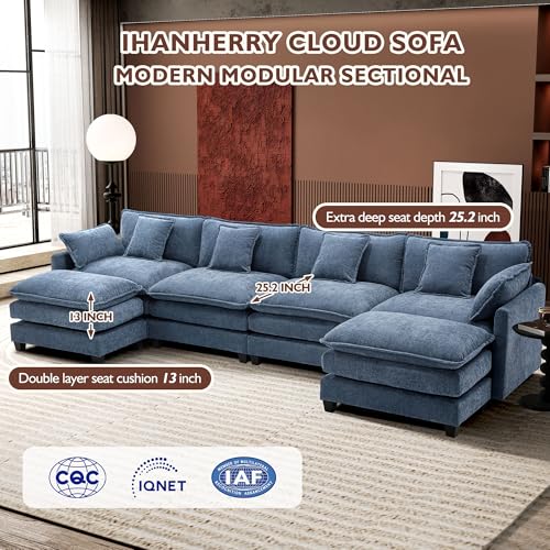Ihanherry 111.4" U Shaped Modern Cloud Sofa Modular Sectional Couch with 2 Ottoman, 5-Seat Chenille Deep Seat Sofa with Pillow for Living Room