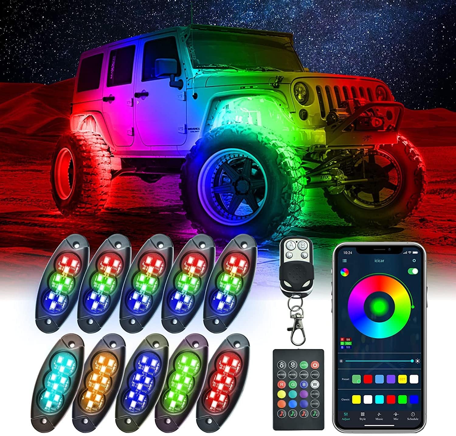 10 Pods RGB Rock Lights for Trucks