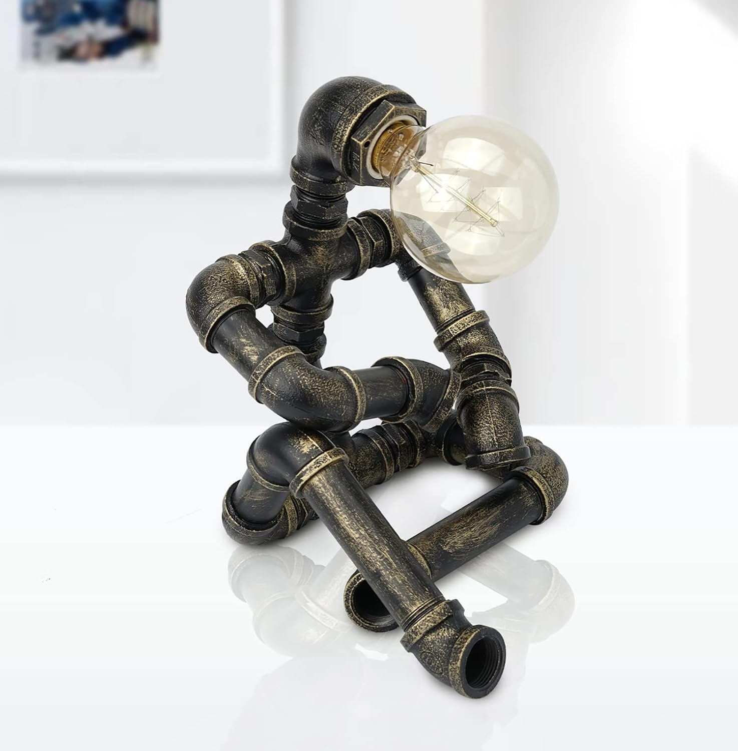 Industrial Robot Lamp Steampunk Table Lamp, Bronze Iron Pipe lamp with Button Switch