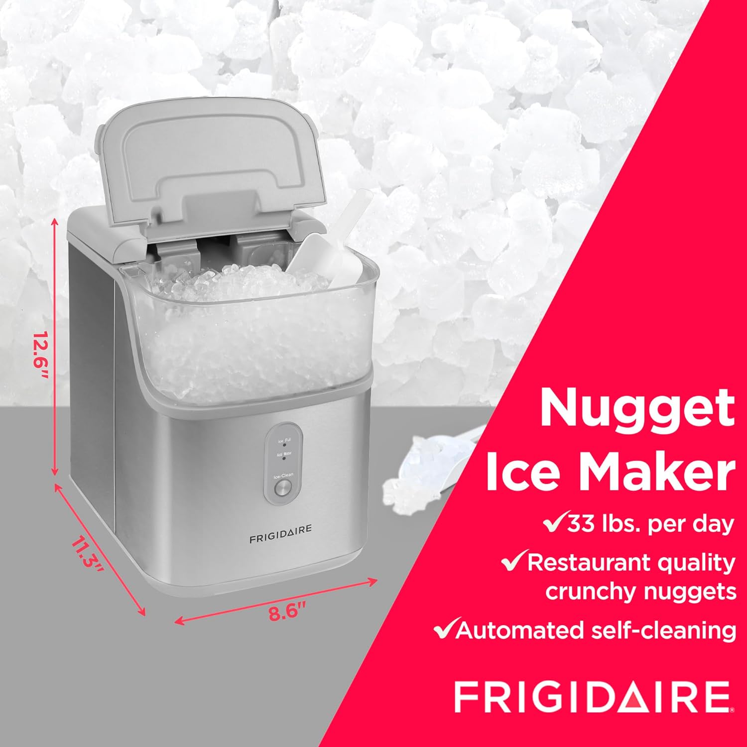Frigidaire Countertop Crunchy Chewable Nugget Ice Maker, Compact, 33lbs per Day, Metallic Finish - Radiant Selections