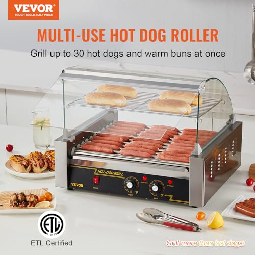 VEVOR Hot Dog Roller,5 Rollers 12 Hot Dog Capacity, 750W Stainless Steel Cook Warmer Machine with Dual Temp Control