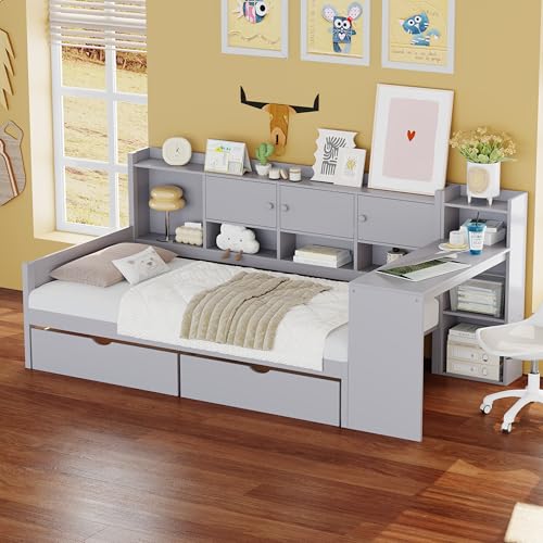 Corner Twin Bed Frame with Bookcase Storage and Desk, Wood Day Beds with 2 Drawers, Twin Size Daybed with Storage for Living Room