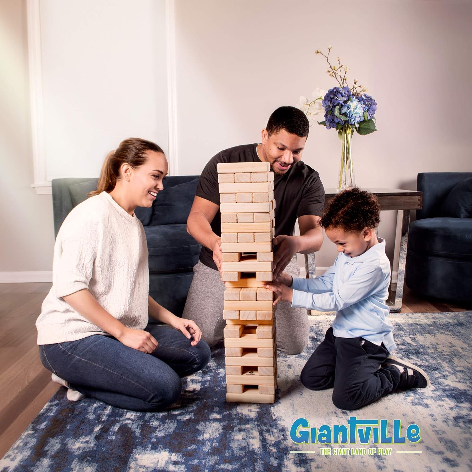 Giant Tumbling Timber Toy - Jumbo JR. Wooden Blocks Floor Game for Kids and Adults, 56 Pieces, Premium Pine Wood, Carry Bag