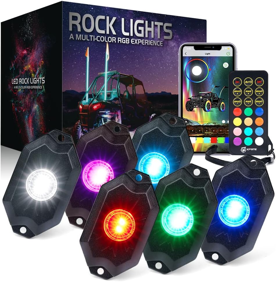Xprite RGBW LED Rock Lights Kit w/Bluetooth & Wireless Remote Controller, Multicolor Cars Underglow, Whee Well, Footwell Neon Light Kits