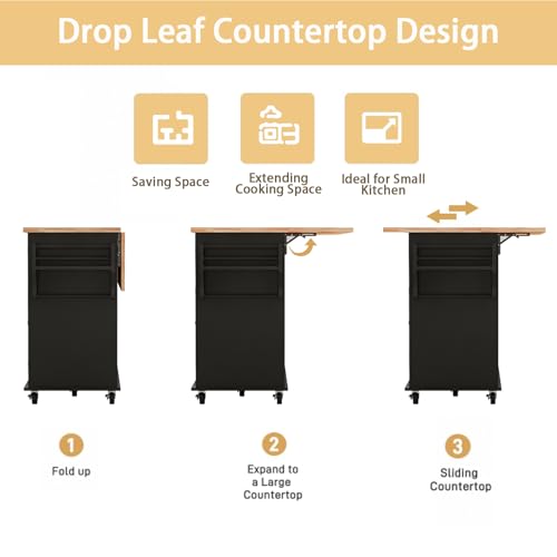 67’’ Movable Kitchen Island with Drop Leaf and Power Outlet, Lockable Sliding Countertop Rolling Island Cart with 2 Large Drawers, Spice, Towel Rack