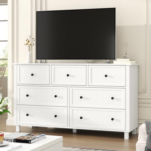 Farmhouse Dresser with 7 Drawers, White Dresser for Bedroom, Chest of Drawers, Modern Dresser for Closet, TV Stand with Large Drawers