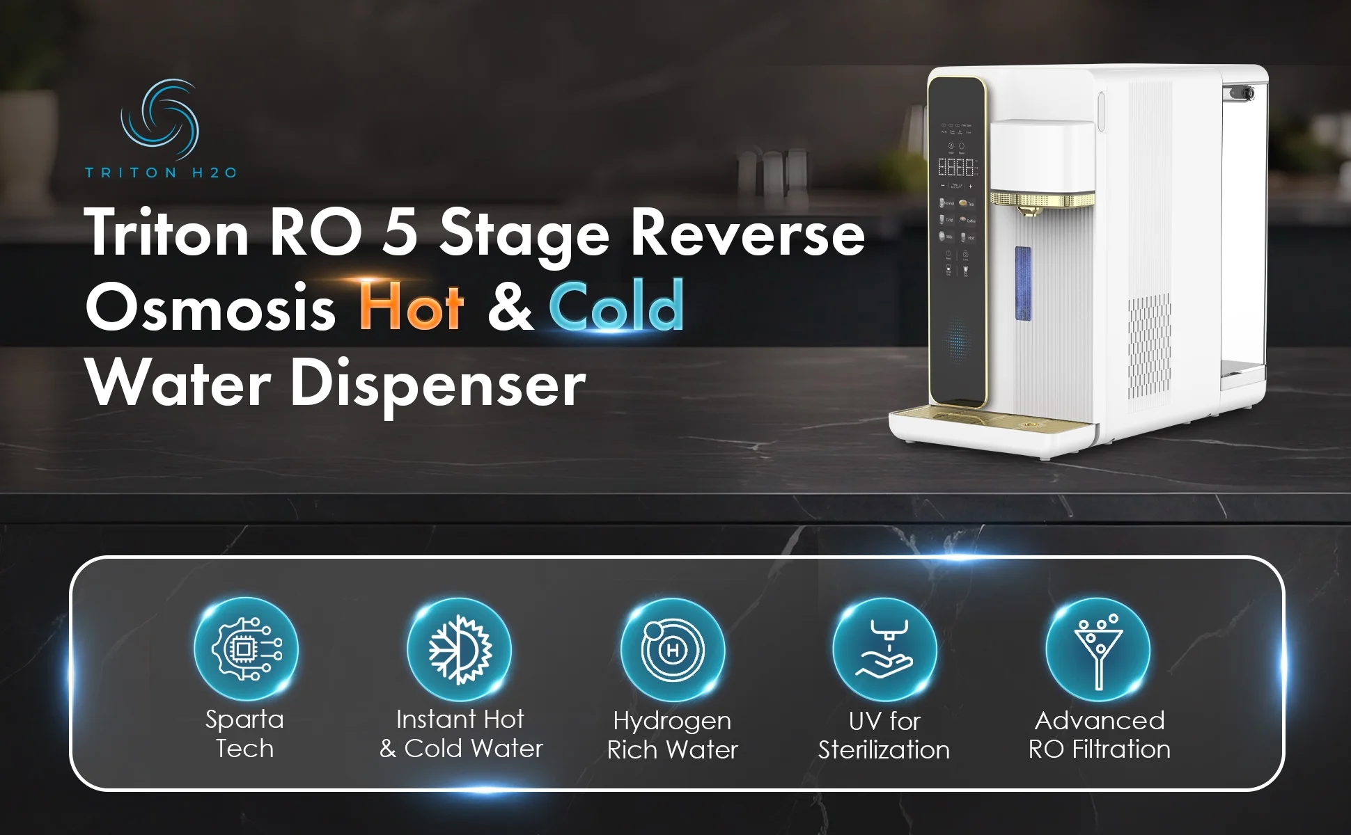 TRITON H2O Countertop Reverse Osmosis System, 5 Stage Purification, Hot and Cold Water Dispenser, RO Filtration, 3:1 Pure to Drain