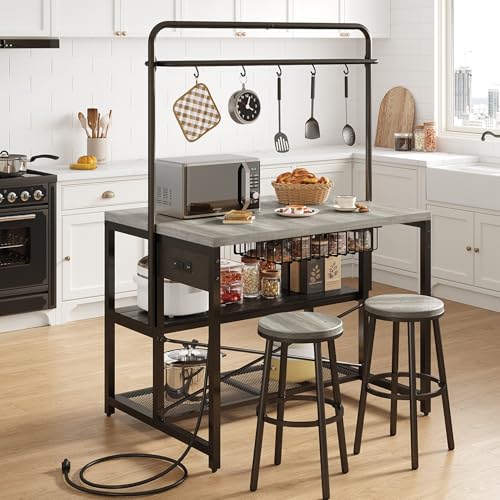 46" Large Kitchen Island Table Baker Rack with Power Outlet and 3-Tier Storage-Microwave Stand Oven Shelf, Metal Coffee Bar Table