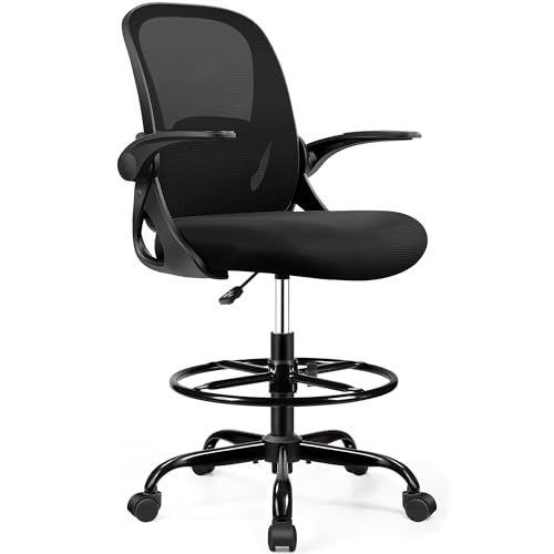 Primy Drafting Chair Tall Office Chair with Flip-up Armrests Executive Ergonomic Computer Standing Desk Chair with Lumbar Support and Adjustable